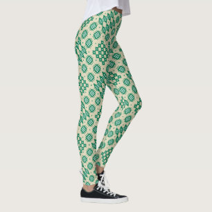 Welsh Faux Tapestry Green and White on Beige Leggings