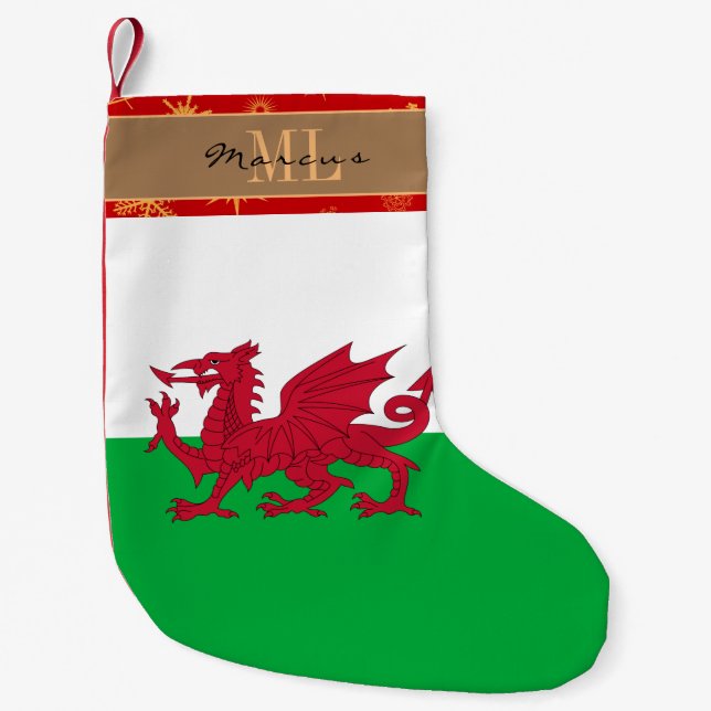 Welsh Flag stocking, Wales, monogram, snowflake Small Christmas Stocking (Front)