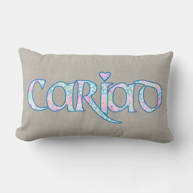 Welsh Floral Text Cariad with Heart Lumbar Pillow (Front)
