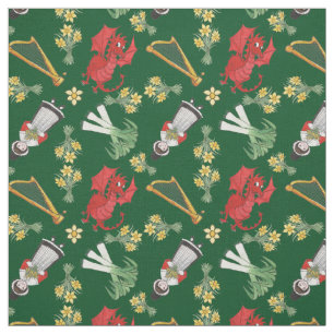 Welsh Girl Dragons Leeks Daffodils Harps on Green Fabric
