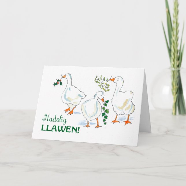 Welsh Language Greeting Christmas Geese Card (Front)