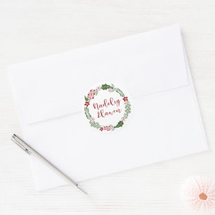 Welsh Merry Christmas Wreath, Nadolig Llawen Ornam Classic Round Sticker