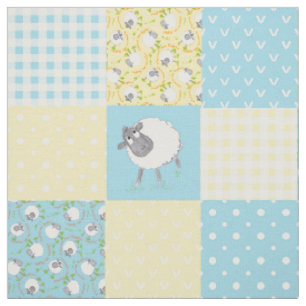 Welsh Sheep Faux Patchwork Blue Yellow Gingham Fabric