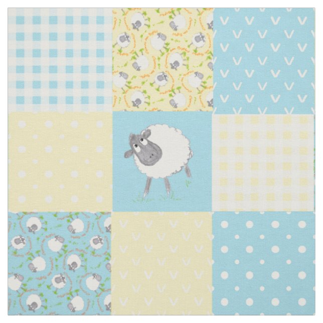 Welsh Sheep Faux Patchwork Blue Yellow Gingham Fabric (Swatch)
