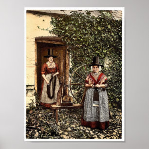 Welsh spinners and spinning wheel, Wales rare Phot Poster