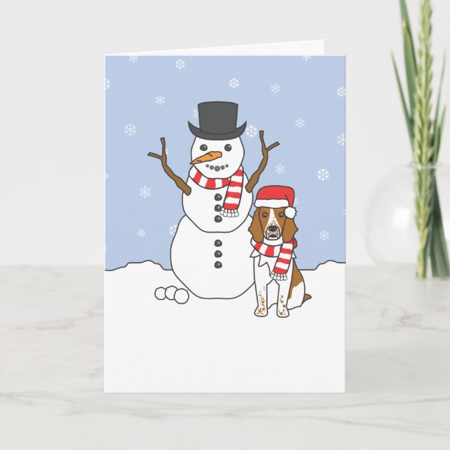 Welsh Springer Spaniel and Snowman Holiday Card (Front)