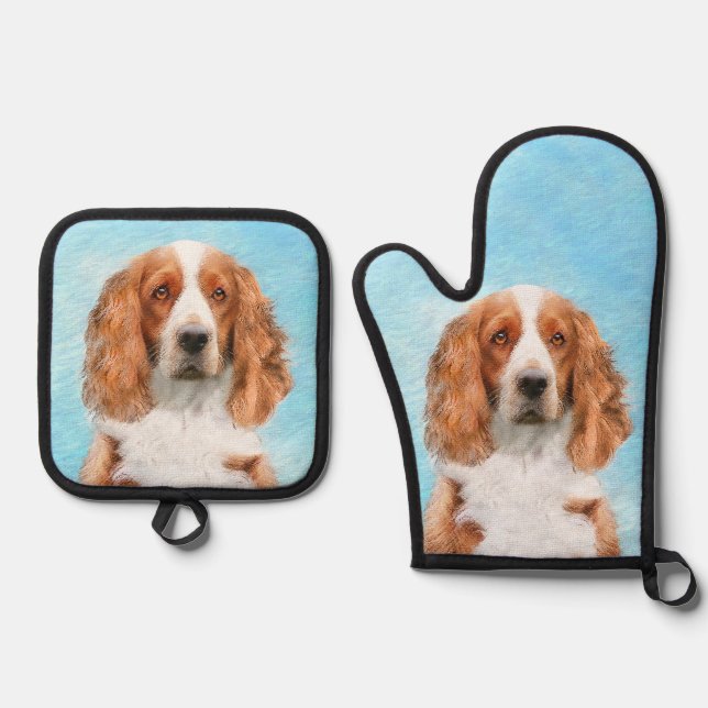 Welsh Springer Spaniel Painting Original Dog Art Oven Mitt & Pot Holder Set (Front)