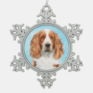 Welsh Springer Spaniel Painting - Original Dog Art Snowflake Pewter Christmas Ornament
