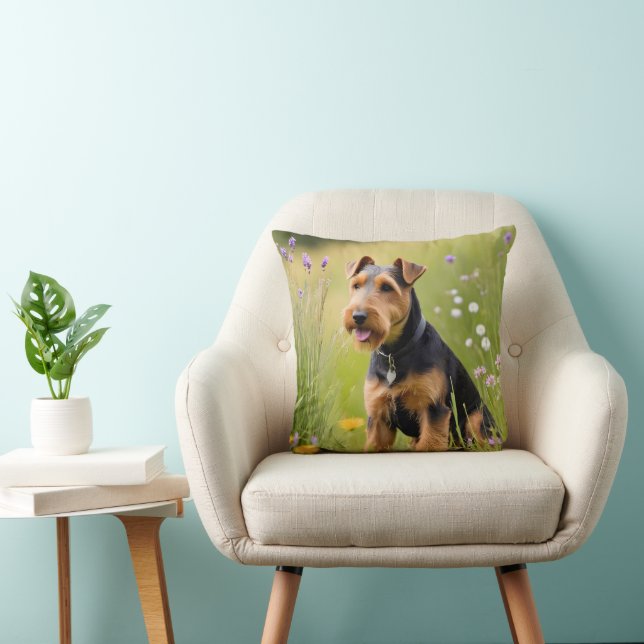 Welsh Terrier In Wildflower Meadow Throw Pillow (Chair)