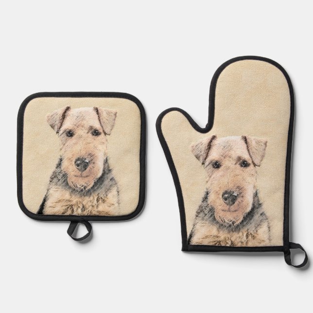Welsh Terrier Painting WT Cute Original Dog Art Oven Mitt & Pot Holder Set (Front)
