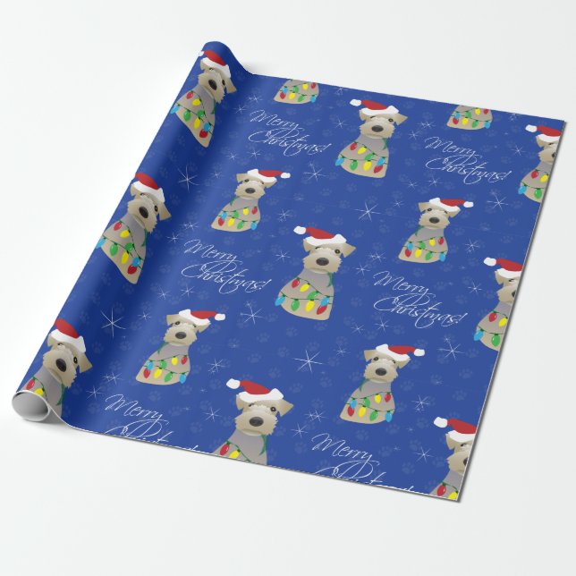 Welsh Terrier Paw Prints Blue Christmas Wrapping Paper (Unrolled)