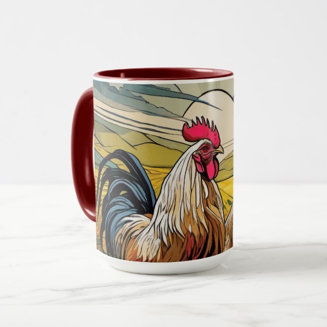 Welsummer Roosters at Dawn Floral Mug (Front Left)