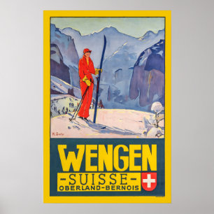 Wengen Oberland Bernois Switzerland Vintage Ski Poster