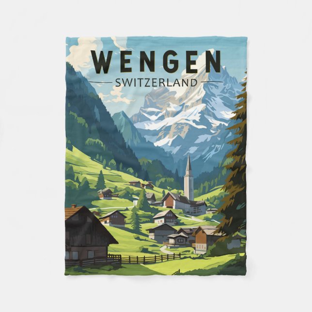 Wengen Switzerland Travel Art Vintage Fleece Blanket (Front)