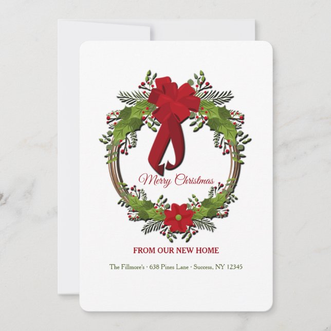 Werath With Red Bow Holiday Moving Faire-part (Devant)