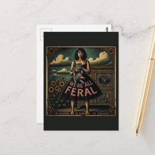 We're All Feral Vintage Lady and Cat Postcard