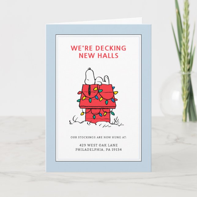 We're Decking New Halls | Snoopy We've Moved Holiday Card (Front)