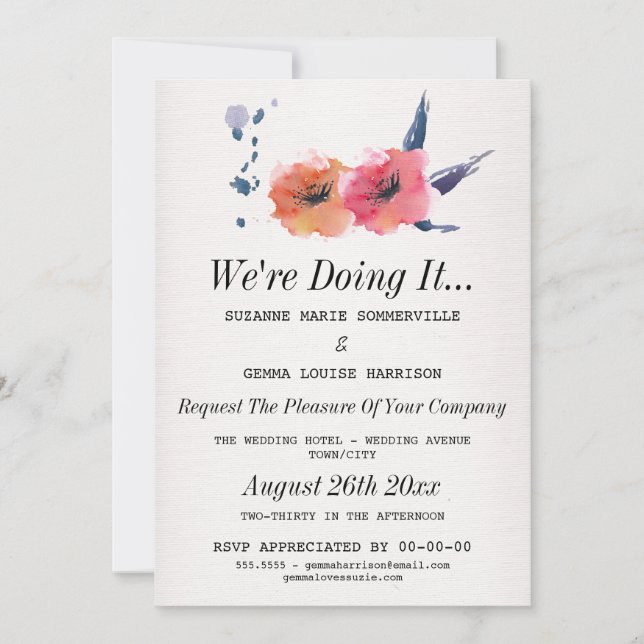 We're Doing It - Floral Lesbian Wedding Invitation (Front)