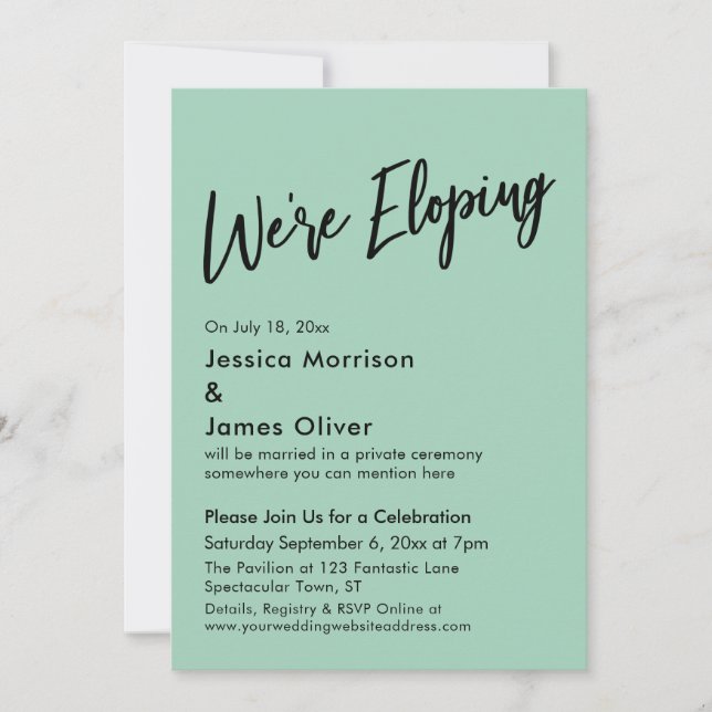 We're Eloping Minimal Handwriting Light Green Invitation (Front)