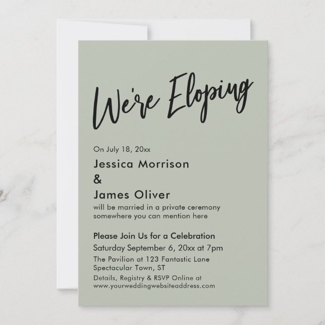We're Eloping Minimal Handwriting Sage Green Invitation (Front)
