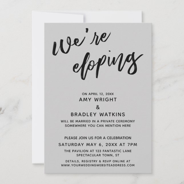 We're Eloping Simple Modern Handwriting Grey Invitation (Front)