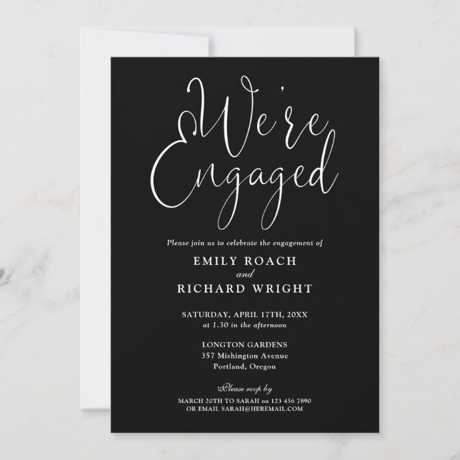 We're Engaged Black And White Engagement Party Invitation (Front)
