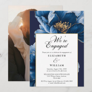 We're Engaged Blue Floral Engagement Party Photo Invitation