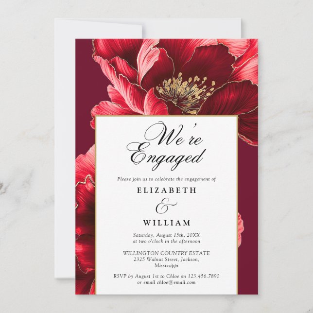 We're Engaged Burgundy Floral Engagement Party Invitation (Front)