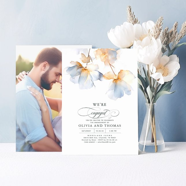 We're Engaged Dusty Blue Engagement Party Photo Invitation (Dusty Blue Flowers Engagement Party Invitations "We're Engaged")