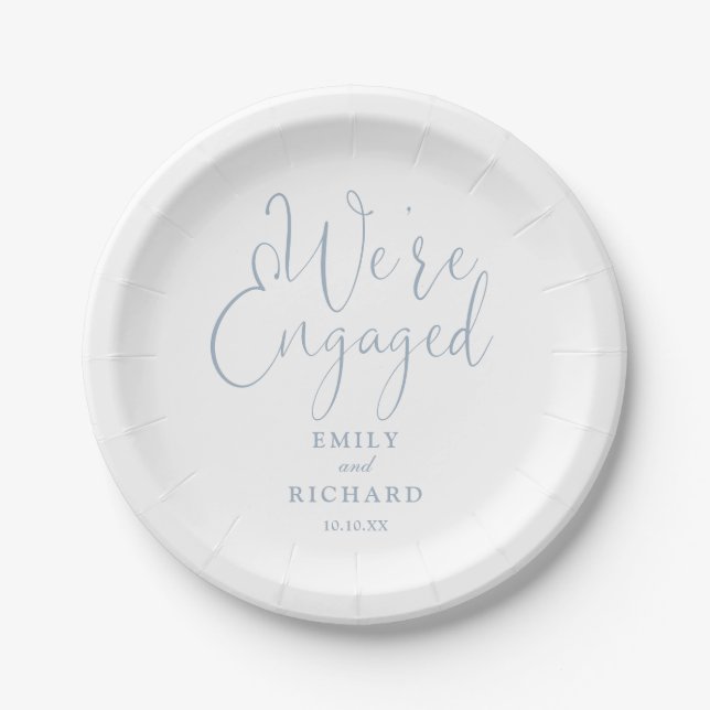 We're Engaged Engagement Party Dusty Blue Paper Plate (Front)