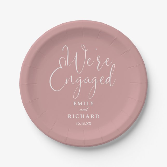 We're Engaged Engagement Party Dusty Rose Pink Paper Plate (Front)