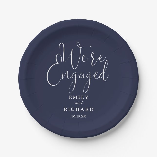We're Engaged Engagement Party Navy Blue Paper Plate (Front)