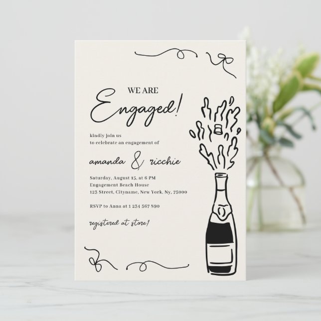 Were Engaged Hand Drawn Champagne Engagement Party Invitation (Standing Front)