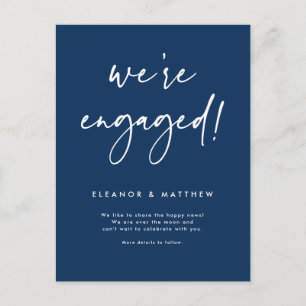 We're Engaged Hand Lettering Navy Blue Engagement Announcement Postcard