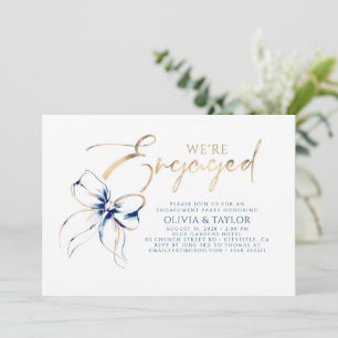 We're Engaged Navy Blue Bow Engagement Party Invitation