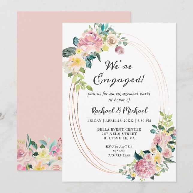 We're Engaged Pastel Floral Frame Engagement Party Invitation (Front/Back)