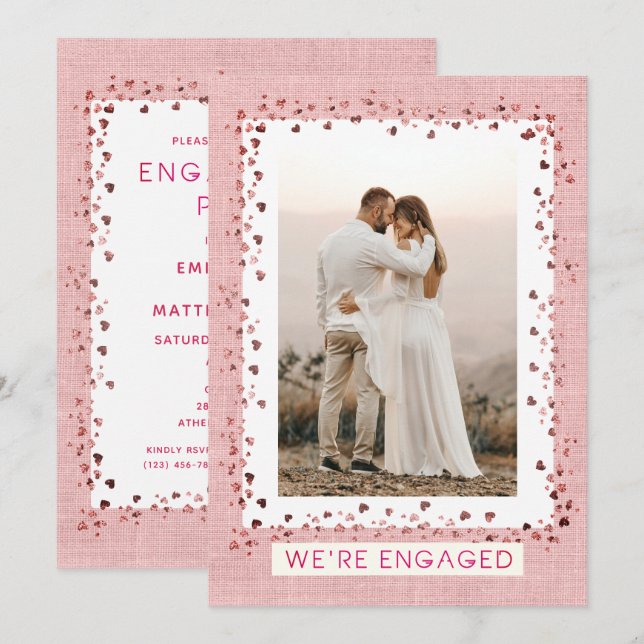 We're Engaged Pink Hearts Photo Engagement Party Invitation (Front/Back)