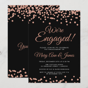 We're Engaged! Rose Gold Glitter Confetti Black Invitation
