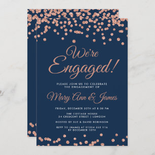 We're Engaged! Rose Gold Glitter Confetti Navy Invitation