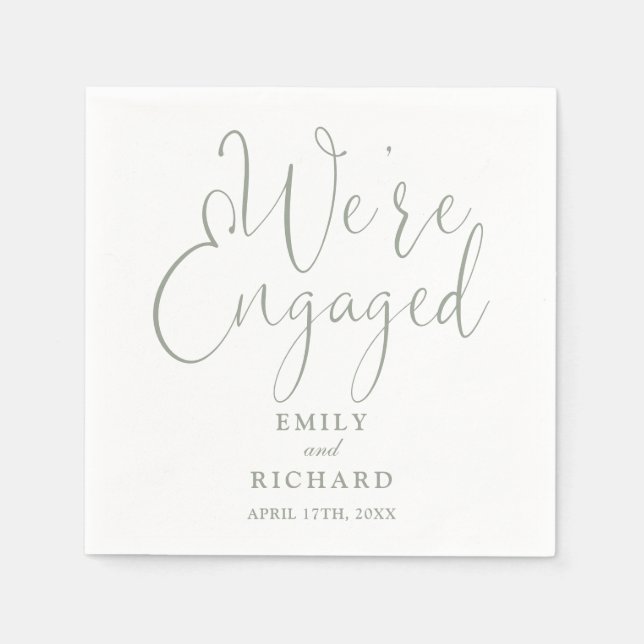 We're Engaged Sage Green Script Engagement Party  Napkin (Front)