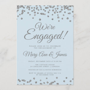 We're Engaged! Silver Glitter Confetti Ice Blue Invitation