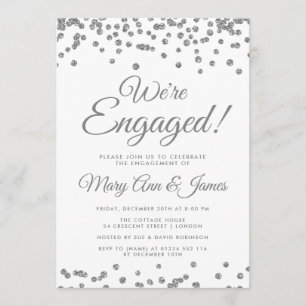We're Engaged! Silver Glitter Confetti Invitation