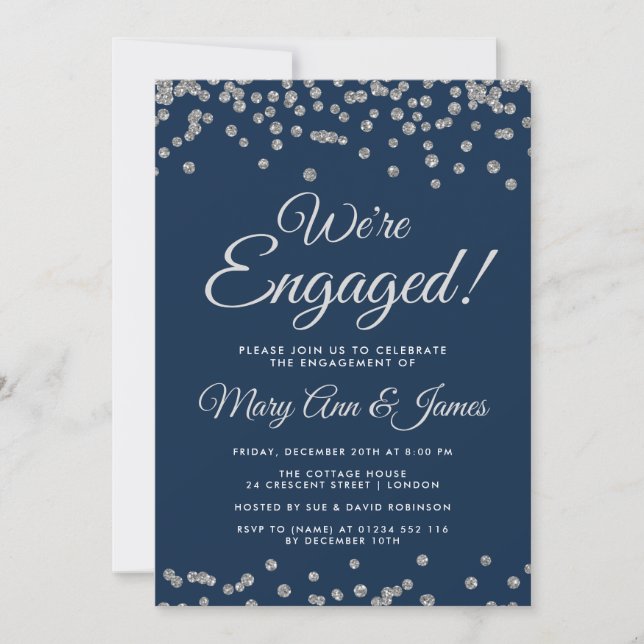 We're Engaged! Silver Glitter Confetti Navy Blue Invitation (Front)