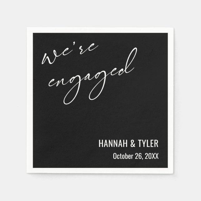 We're Engaged Simple Elegant Typography, Black Napkin (Front)