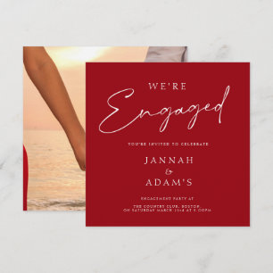 We're Engaged Simple Photo Crimson Red Engagement Invitation