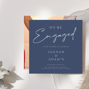 We're Engaged Simple Photo Navy Blue Engagement Invitation