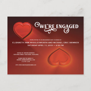 We're Engaged, Two Hearts Red Party Invitation Postcard