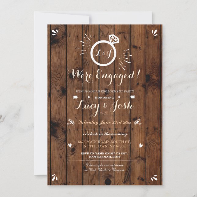 We're Engaged Wood Rustic Ring Sketch Invitation (Front)