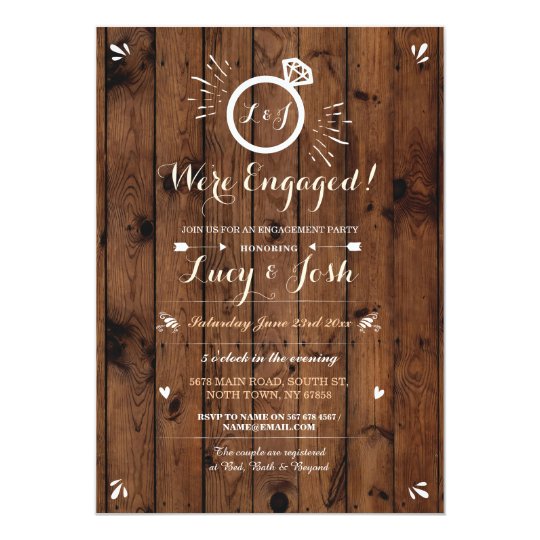We're Engaged Wood Rustic Ring Sketch Invitation