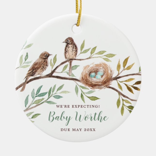 We're Expecting Bird Family Pregnancy Announcement Ceramic Ornament (Front)
